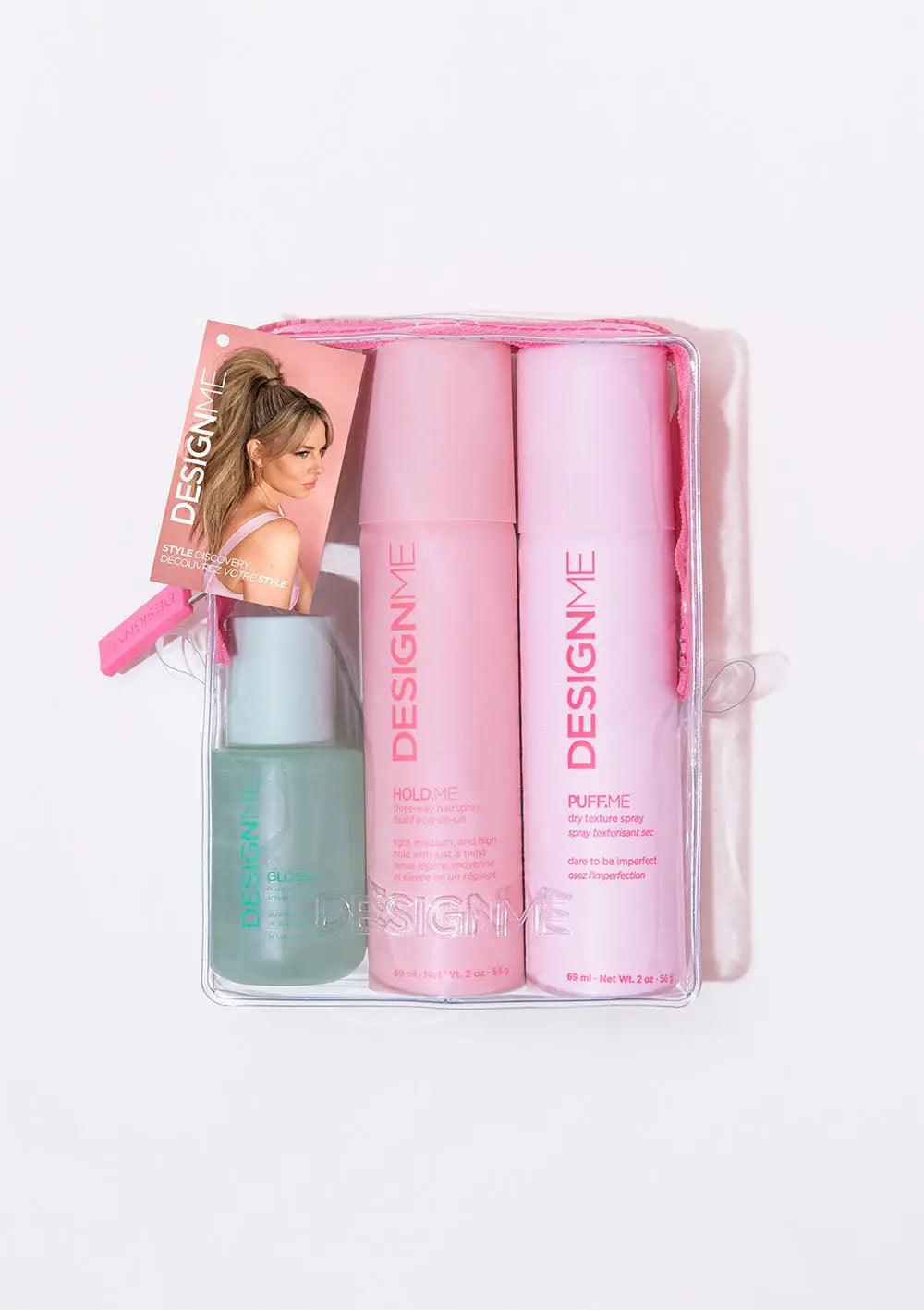 DESIGNME Style Discovery Kit with mini hair styling products in clear pouch for volume, gloss, and control.
