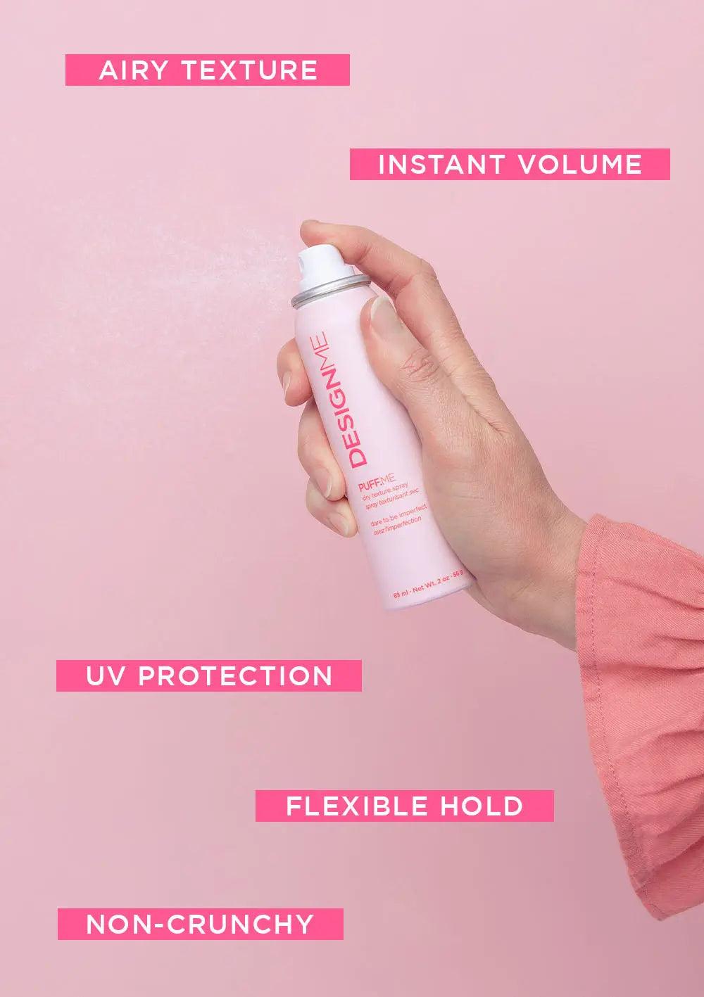 Hand holding DESIGNME styling spray can against pink background with text: Airy Texture, Instant Volume, UV Protection, Flexible Hold.