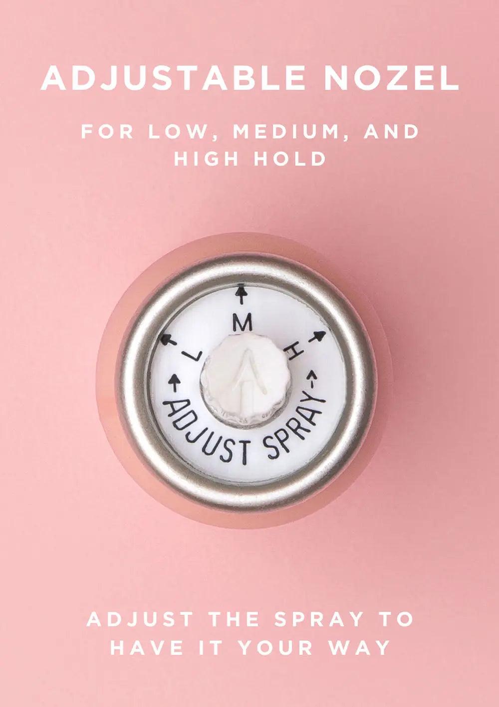 Adjustable nozzle of a hair spray can on pink background showing settings for low, medium, and high hold for customizable styling.
