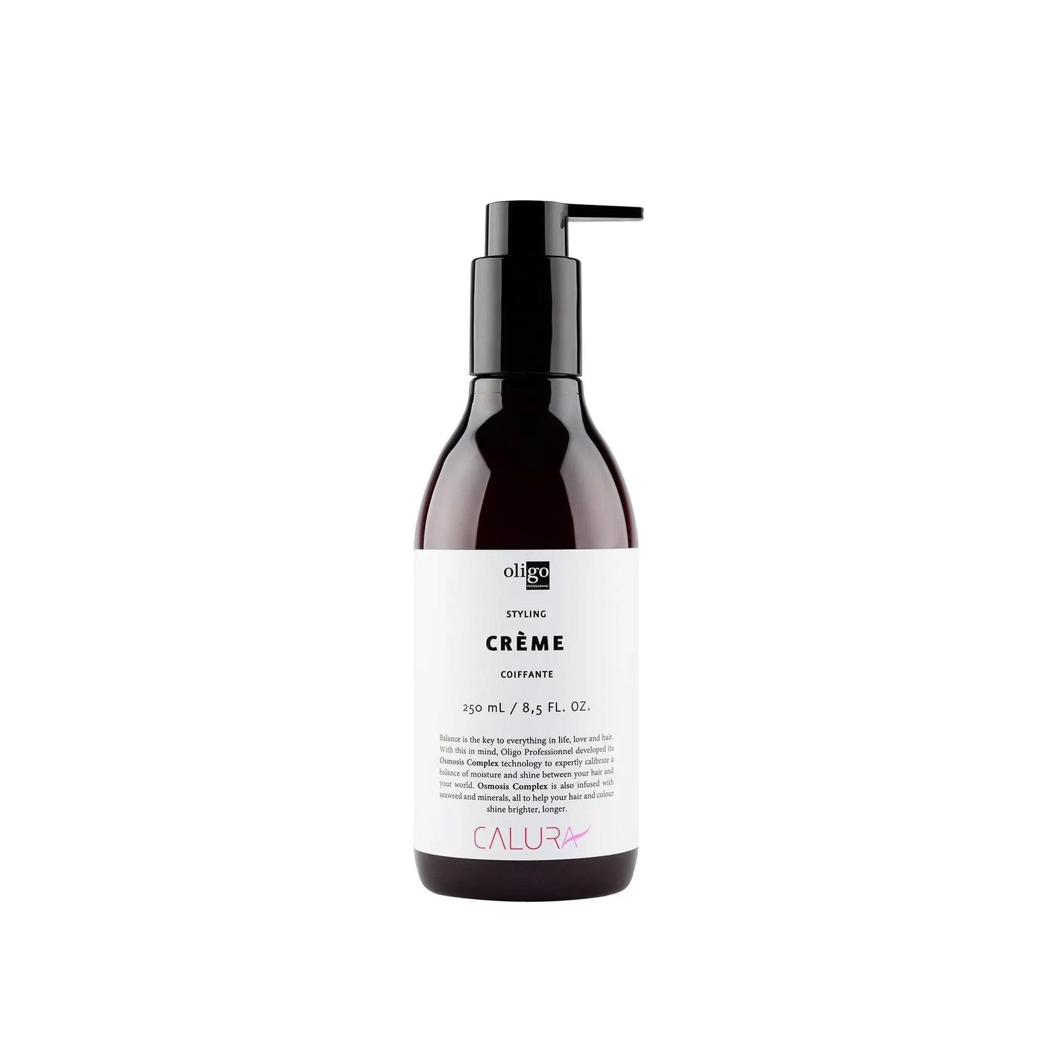Oligo Styling Creme bottle for flexible hold, vegan, paraben-free, gluten-free, sulfate-free. Ideal for straight or curly hair.