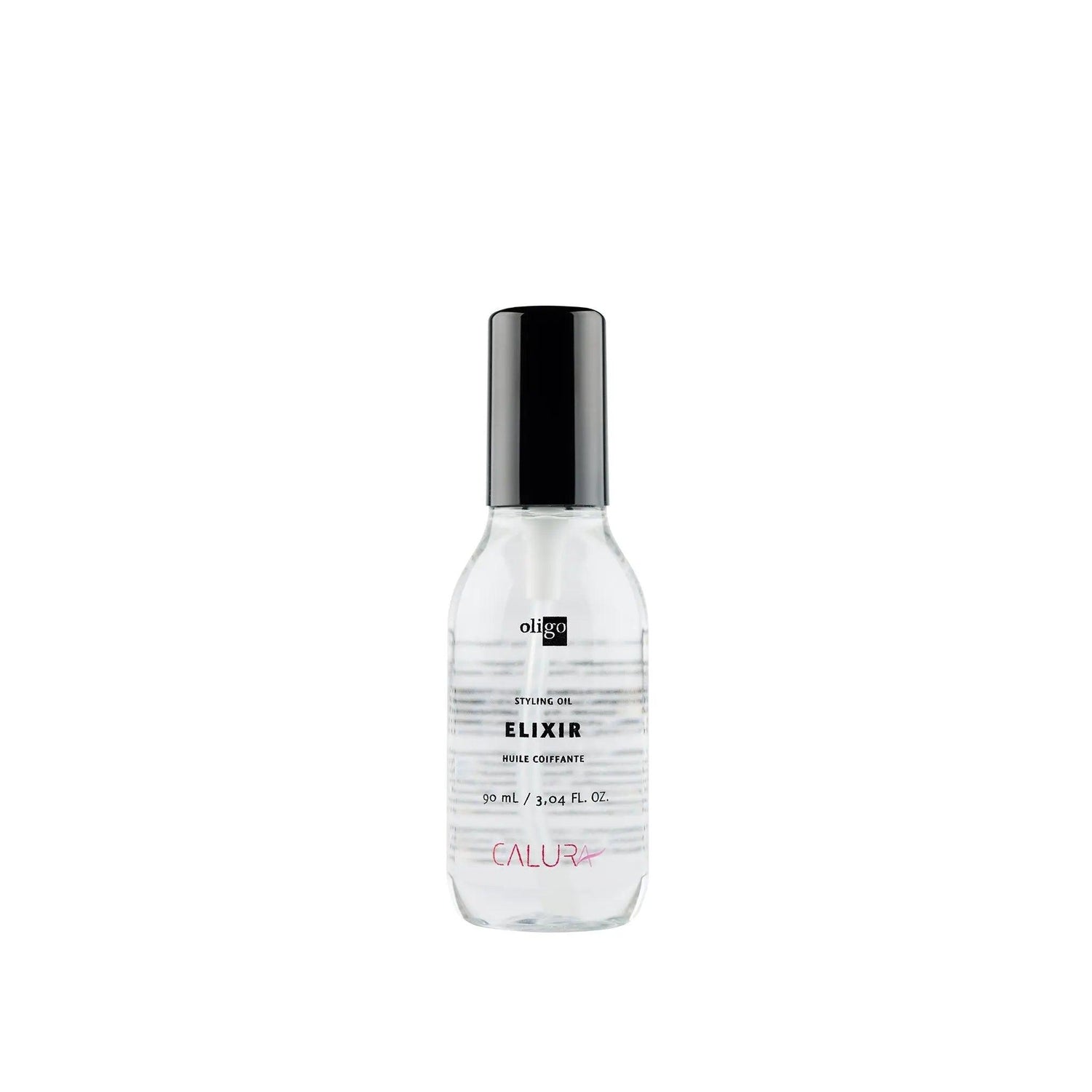 Bottle of Styling Oil Elixir for frizz control and shine enhancement, vegan and paraben-free, suitable for dry or damp hair.