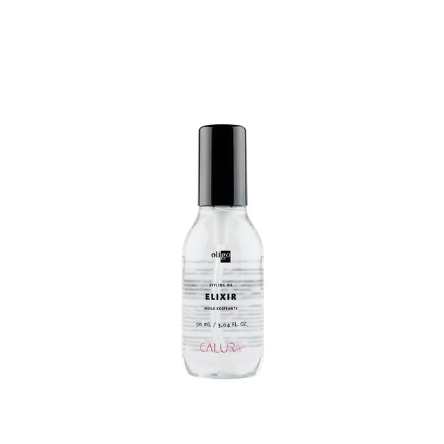Bottle of Styling Oil Elixir for frizz control and shine enhancement, vegan and paraben-free, suitable for dry or damp hair.