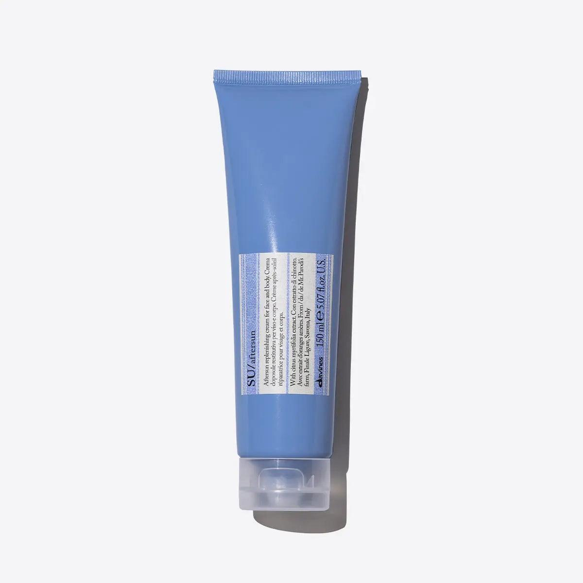 Su Aftersun moisturizing gel cream for post-sun skincare, provides hydration and relief for dry skin, packaged in a blue tube.