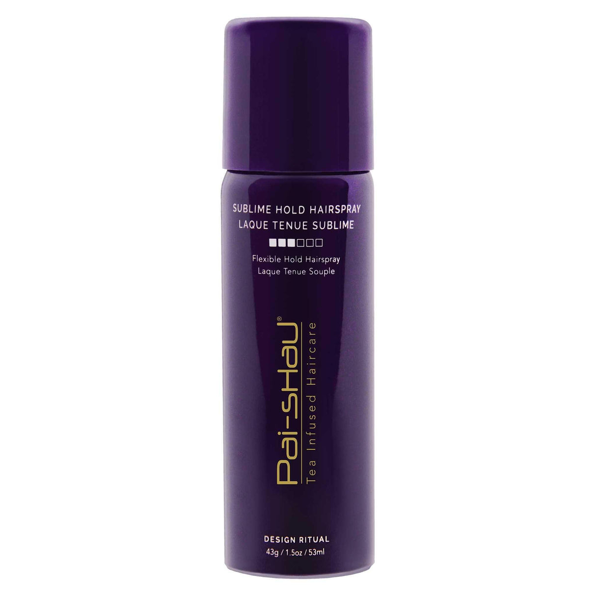Sublime Hold Hairspray with Signature Tea Complex for flexible hold and shine enhancement in a sleek dark purple bottle.