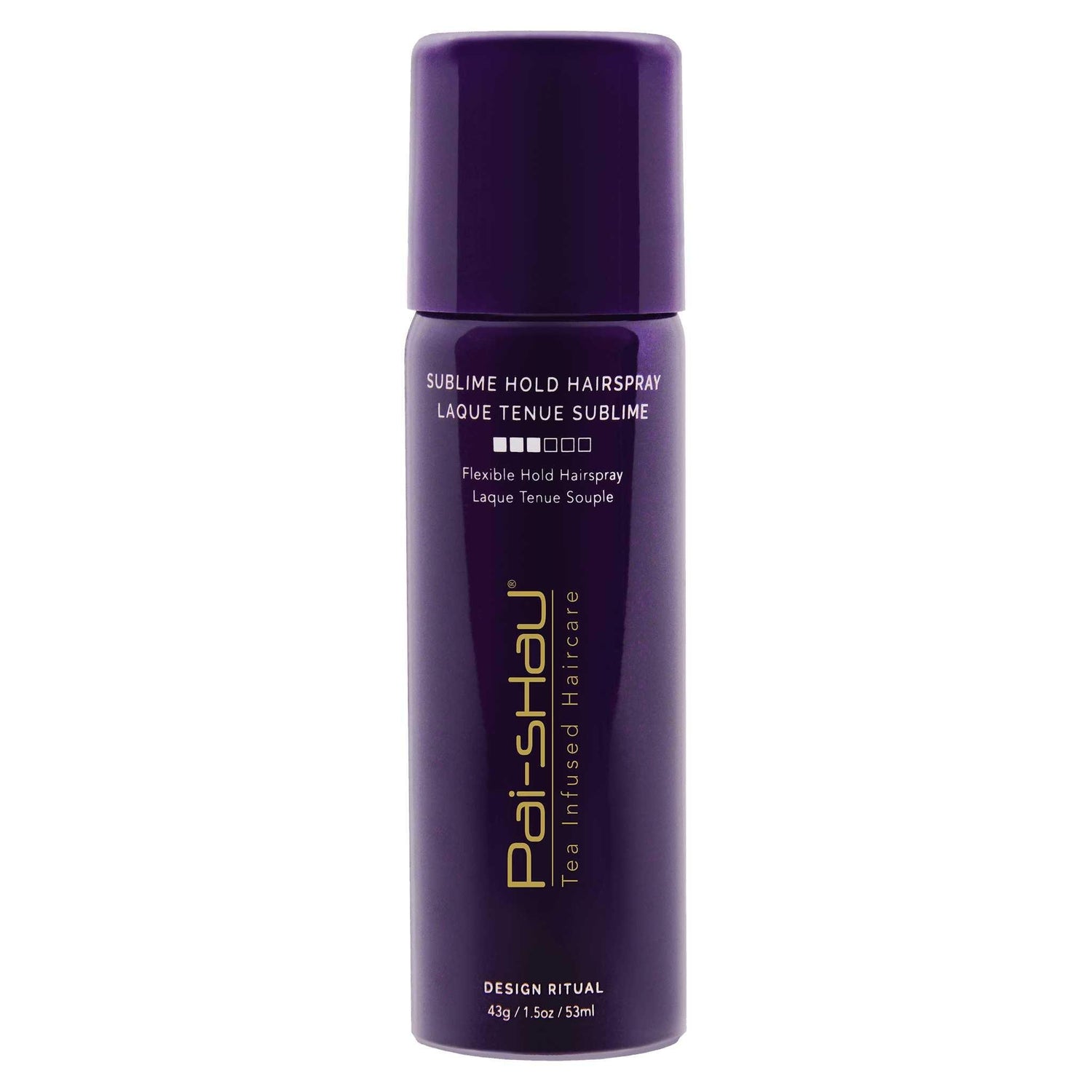 Sublime Hold Hairspray with Signature Tea Complex for flexible hold and shine enhancement in a sleek dark purple bottle.