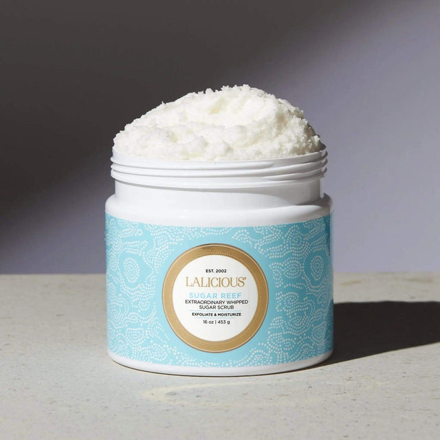 Sugar Reef Sugar Scrub in jar, top luxury exfoliating and hydrating body care product with pure cane sugar, coconut oil, almond.