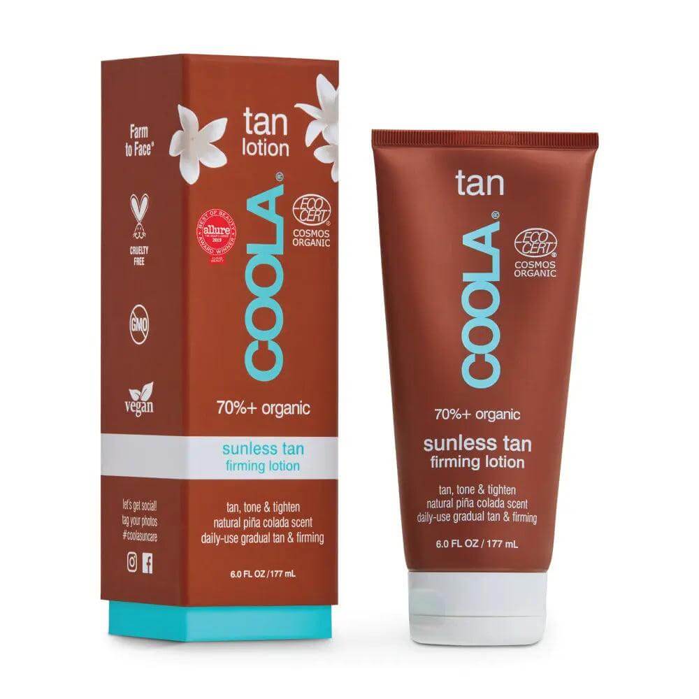 Coola Sunless Gradual Tan Firming Lotion with organic ingredients in 6 fl oz bottle, featuring a pina colada scent for streak-free tanning.