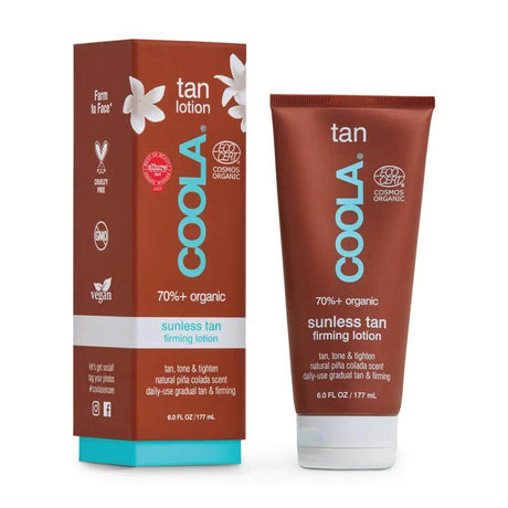 Coola Sunless Gradual Tan Firming Lotion with organic ingredients in 6 fl oz bottle, featuring a pina colada scent for streak-free tanning.