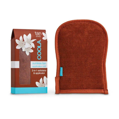 COOLA Sunless Tan 2-in-1 Applicator/Exfoliator Mitt with packaging, dual-sided for removing impurities and applying tanner.