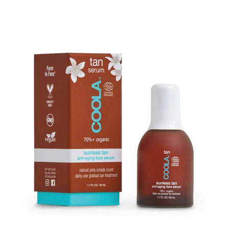 Sunless Tan Anti Aging Face Serum with Argan Oil and Vitamin C, 70% organic, gradual streak-free tan in a 1.7 fl oz bottle