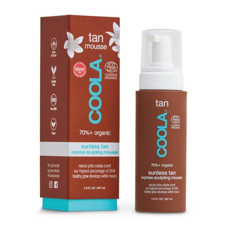 Coola Sunless Tan Express Sculpting Mousse with organic ingredients and natural DHA for a healthy glow, EcoCert certified.
