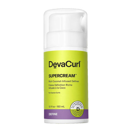 DevaCurl SuperCream Coconut-Infused Definer for coarse curls, 5.1 fl oz bottle, provides curl flexibility, smoothness, shine, frizz control.