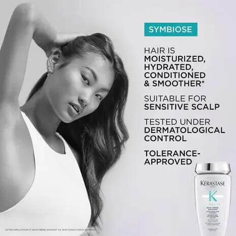 Kerastase Symbiose Bain Crème Apaisant, a gentle shampoo for sensitive scalp, moisturizing and smoothing hair, with a female model.