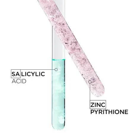 Test tubes showing salicylic acid and zinc pyrithione, key ingredients in scalp soothing shampoo.