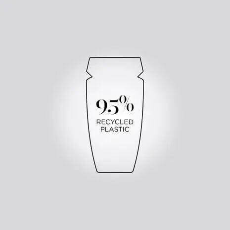 Illustration of a bottle with "95% Recycled Plastic" text, emphasizing eco-friendly packaging materials.