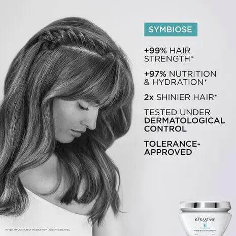 Woman with nourished hair after using Kerastase Symbiose Masque Revitalisant Essentiel, showcasing improved strength and shine.