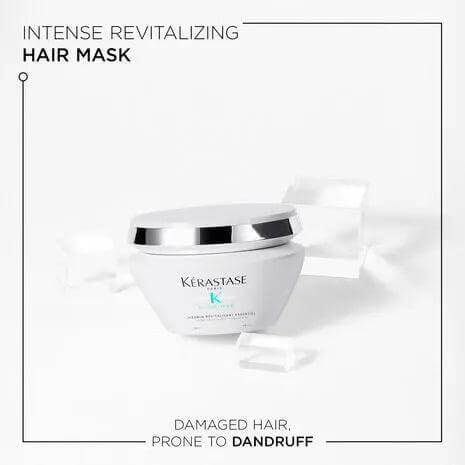 Kerastase intense revitalizing hair mask for damaged hair prone to dandruff in a sleek white container with text overlay.