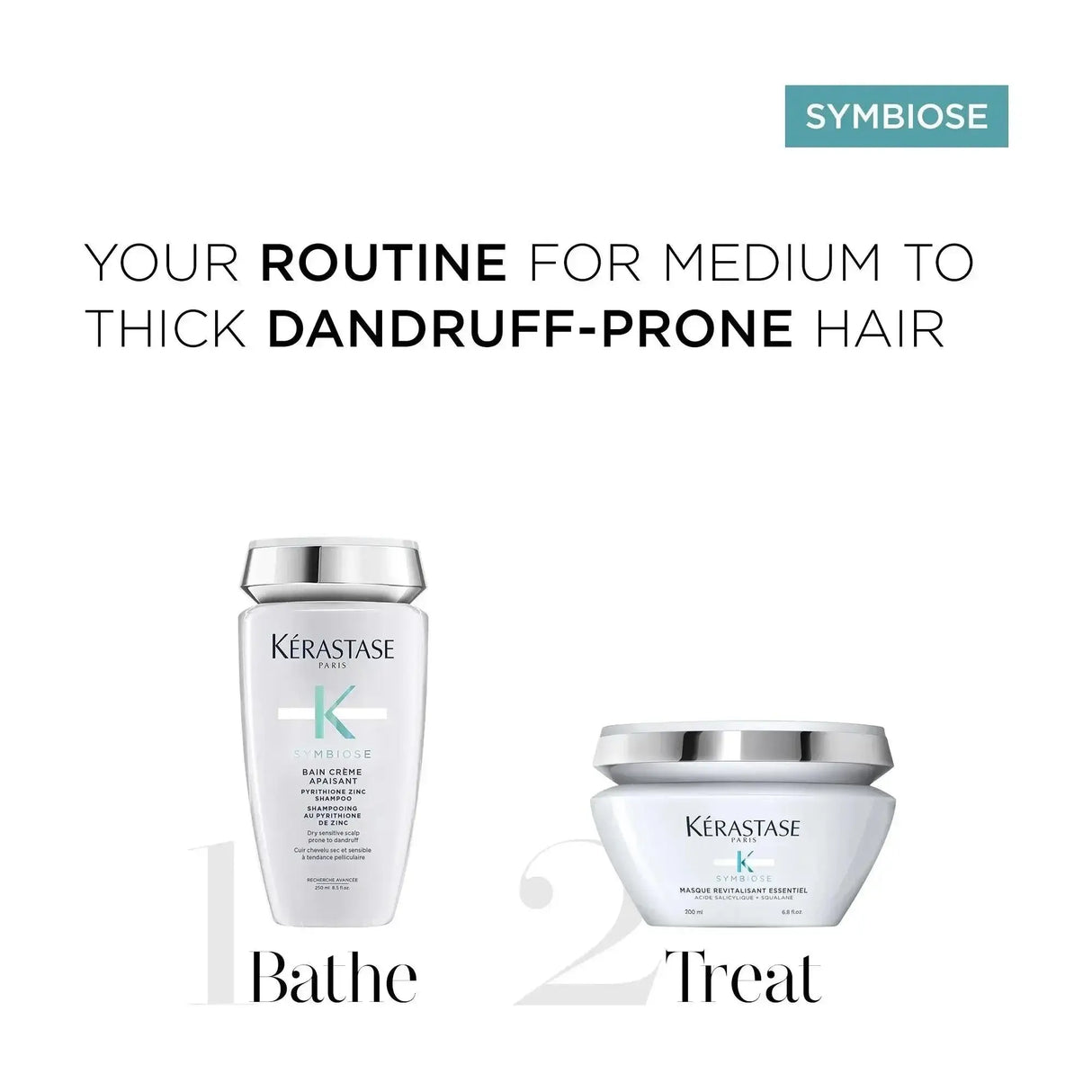 Kérastase Symbiose products for medium to thick dandruff-prone hair, featuring shampoo and treatment jars labeled Bathe and Treat.