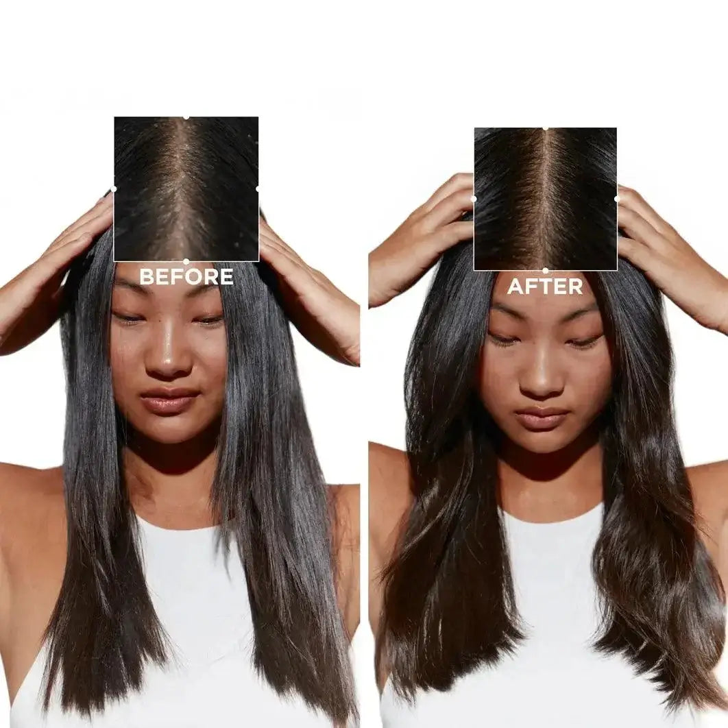 Before and after results of using Symbiose Sérum Nuit Intensif by Kerastase, showing revitalized, healthier hair.
