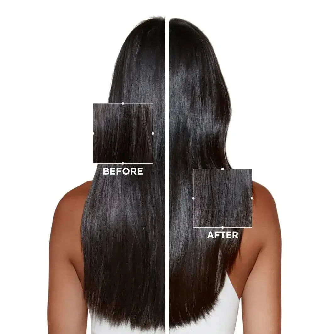 Before and after effects of using Symbiose Sérum Nuit Intensif on dark, straight hair, showcasing rejuvenated and silky texture.