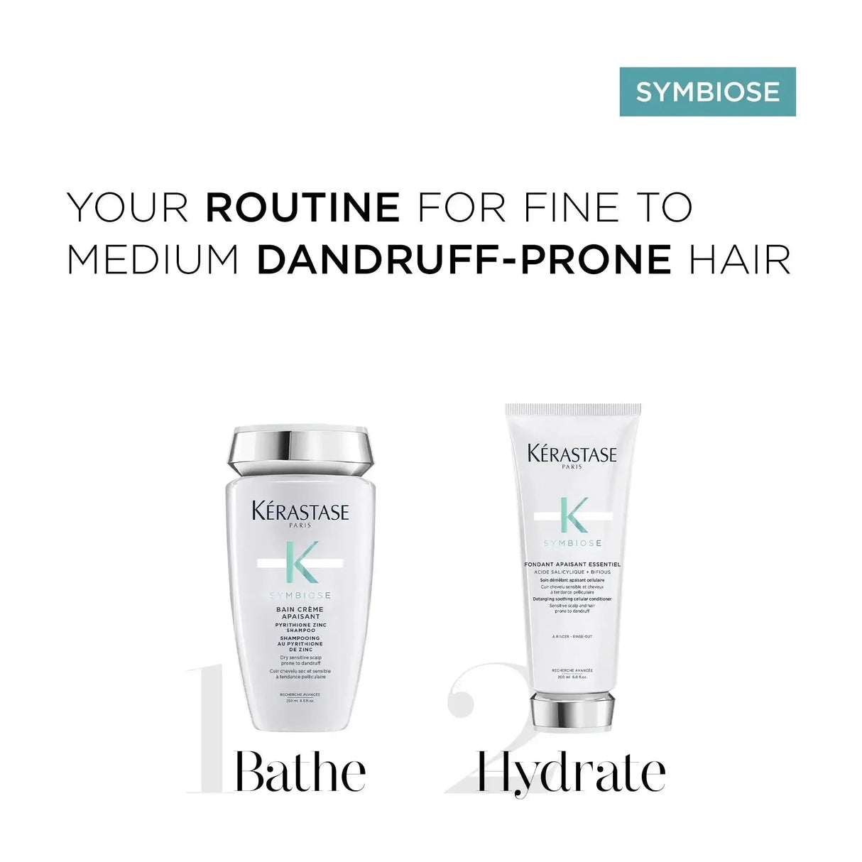 Kerastase Symbiose hair routine for fine to medium dandruff-prone hair, featuring Bathe and Hydrate products.