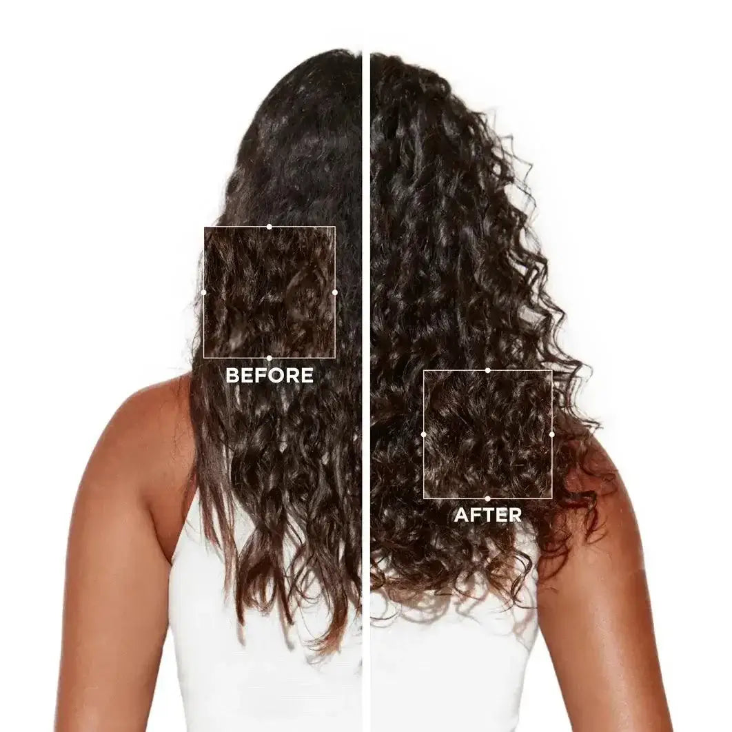 Before and after comparison of women's hair showing improvement using Symbiose Sérum Nuit Intensif by Kerastase.