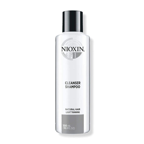 Nioxin System 1 Cleanser Shampoo for fine, thin hair, removes buildup and pollutants, 300ml bottle.