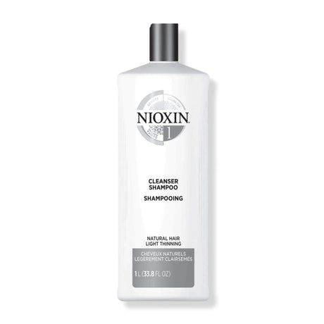 Nioxin System 1 Cleanser Shampoo for fine natural hair, detoxifying and volumizing, reduces buildup and pollutants, 1L bottle.