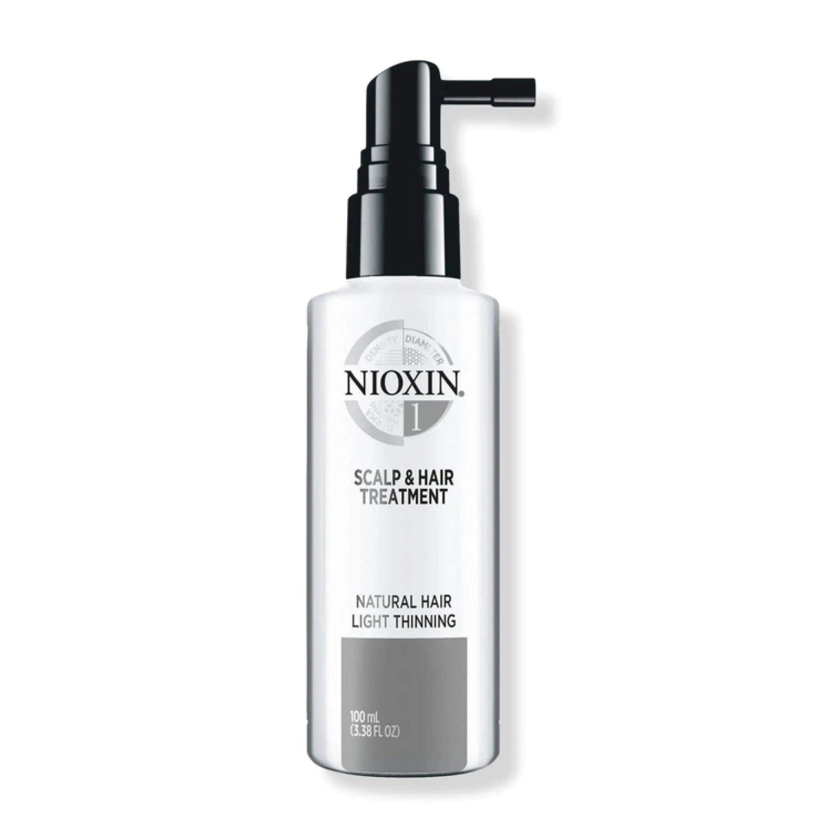 Nioxin System 1 Scalp & Hair Treatment for fine hair with light thinning, featuring volumizing technology in 100ml bottle.