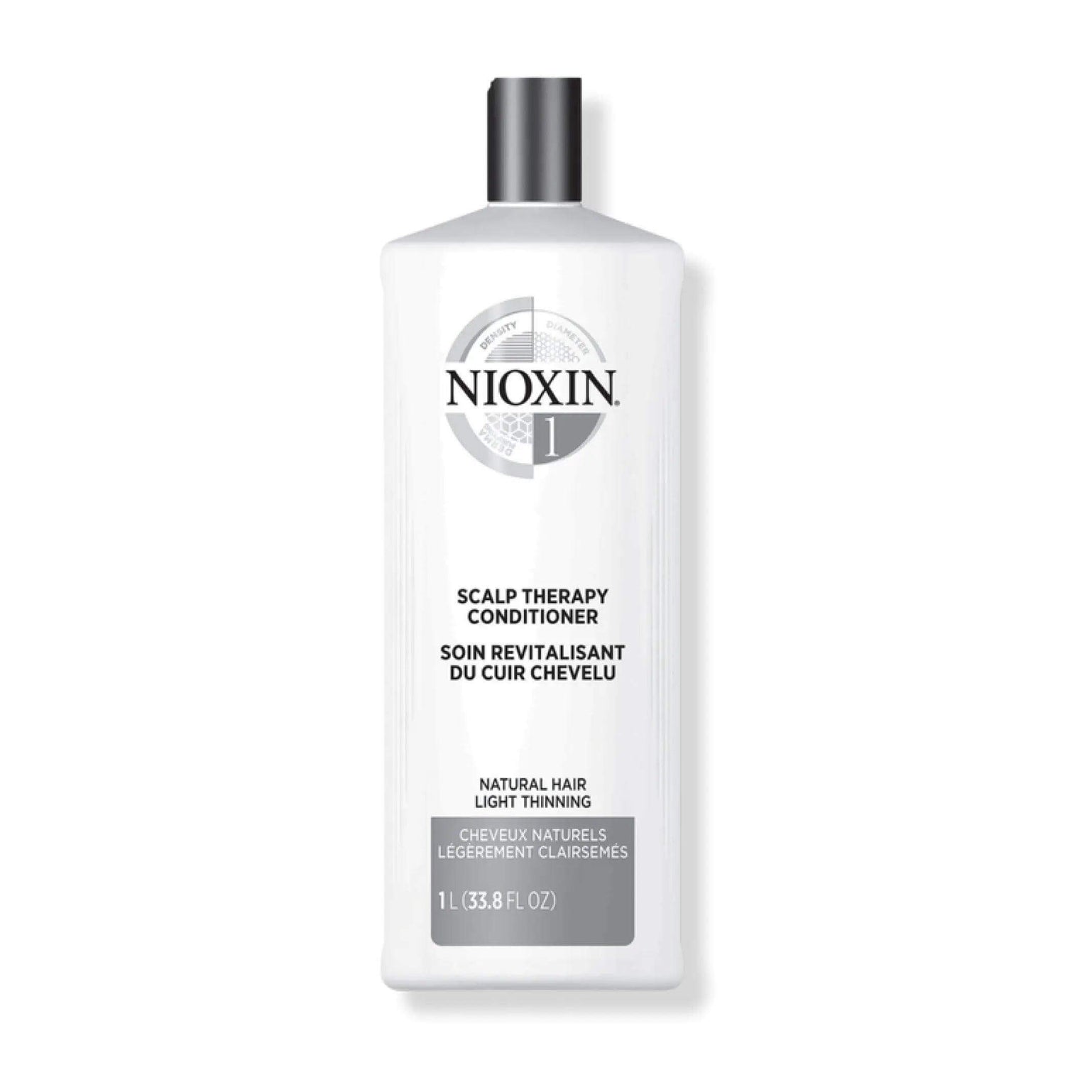 Nioxin System 1 Scalp Therapy Conditioner for fine natural hair, 1L bottle, hydrates scalp, reduces thinning, enhances hair fullness.