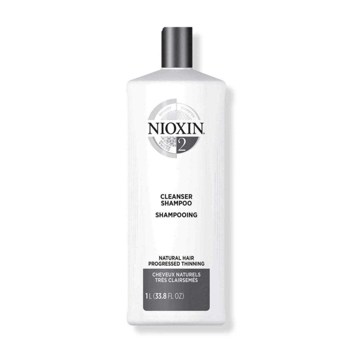 Nioxin System 2 Cleanser Shampoo for fine, natural hair with advanced thinning; detoxifies and removes buildup, 1L bottle.