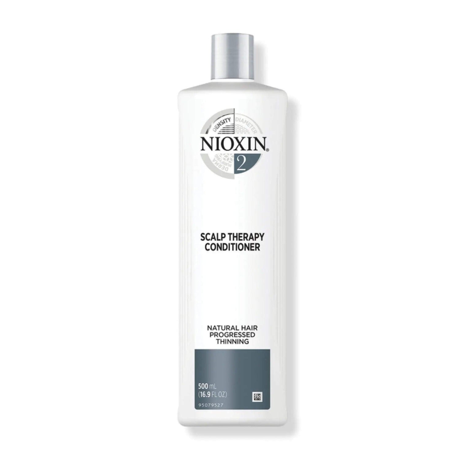 Nioxin System 2 Scalp Therapy Conditioner for thinning natural hair, 500ml bottle, promotes thicker hair growth and scalp hydration.