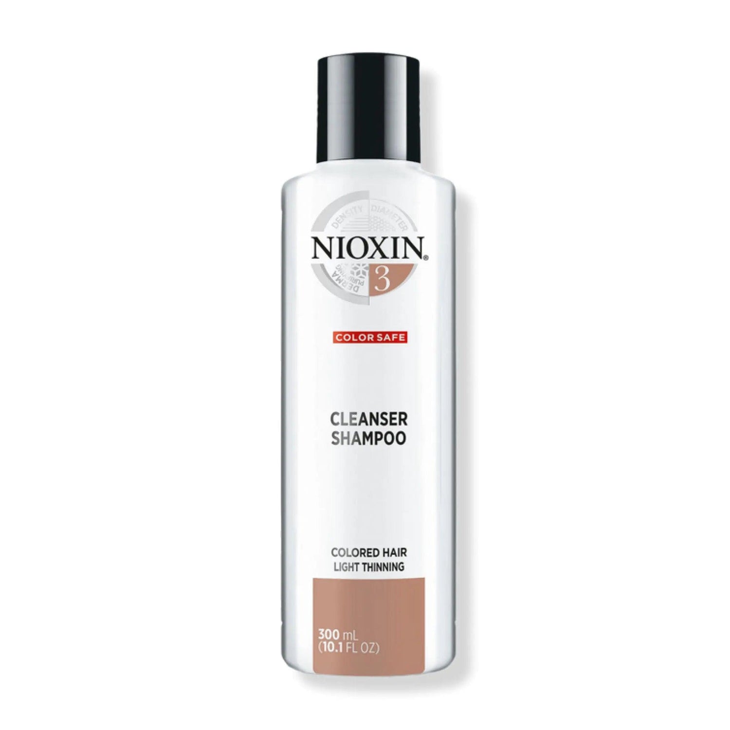 Nioxin System 3 Cleanser Shampoo for color-treated, thin hair, detoxifies and removes buildup, 300 ml bottle.