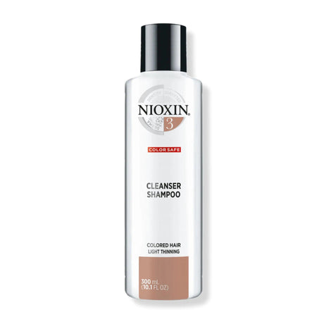Nioxin System 3 Cleanser Shampoo for color-treated, thin hair, detoxifies and removes buildup, 300 ml bottle.