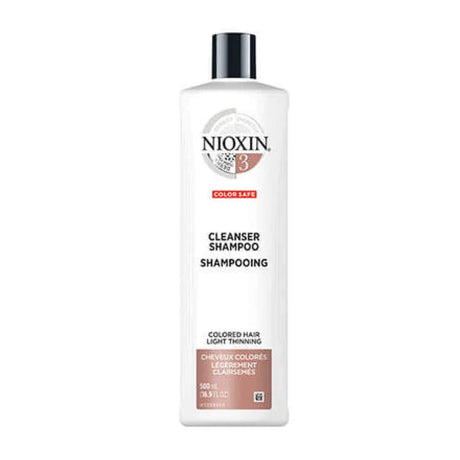 Nioxin Cleanser Shampoo System 3 for color-treated, thin hair in 500ml bottle.