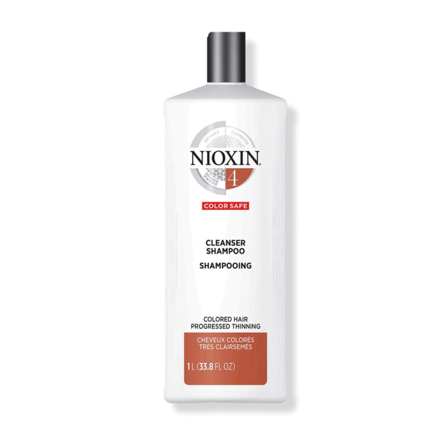 Nioxin System 4 Cleanser Shampoo for color-treated hair with progressed thinning, detoxifies and removes buildup, 33.8 oz bottle.
