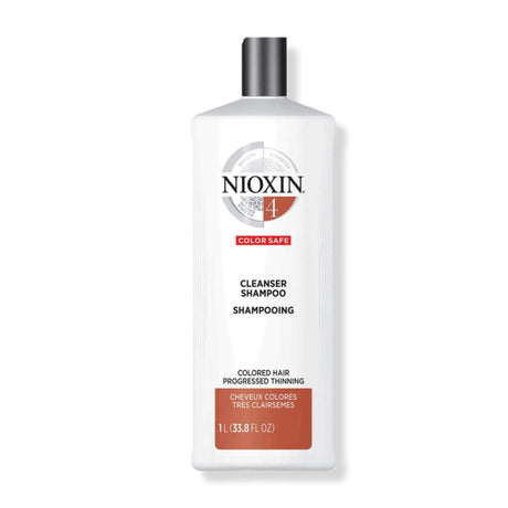 Nioxin System 4 Cleanser Shampoo for color-treated hair with progressed thinning, detoxifies and removes buildup, 33.8 oz bottle.