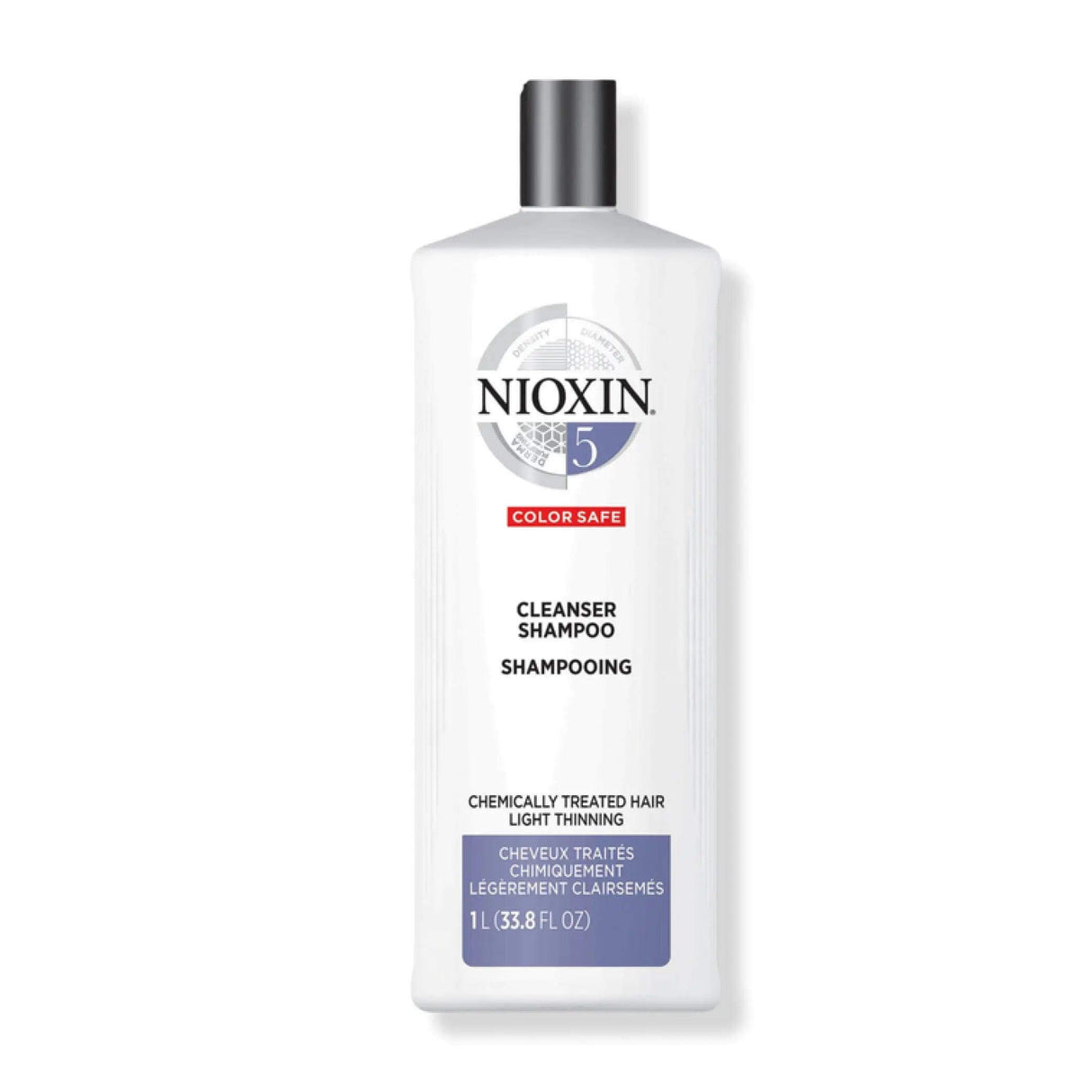 Nioxin System 5 Cleanser Shampoo for chemically treated, light thinning hair, detoxifies and removes buildup and pollutants. 1L bottle.