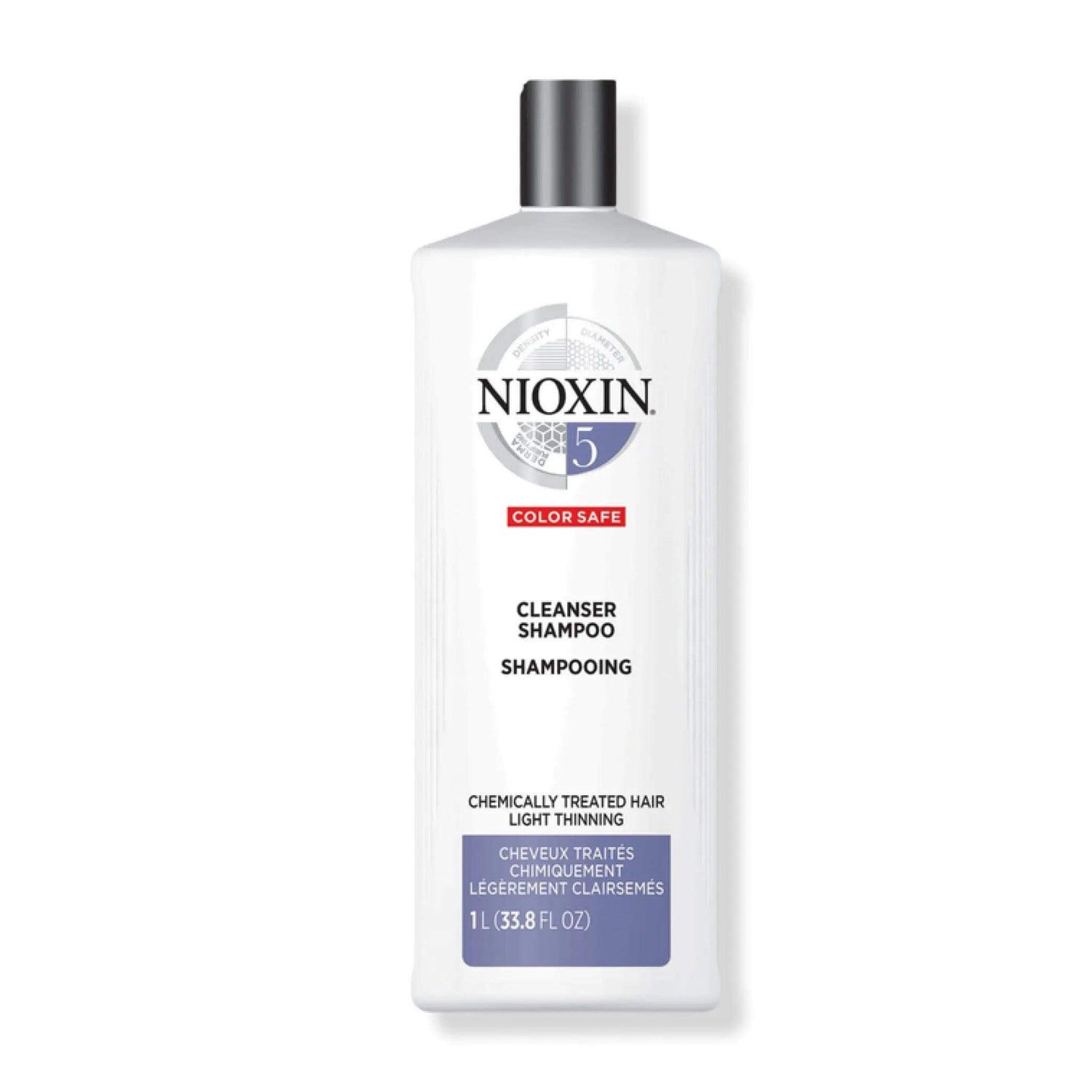 Nioxin System 5 Cleanser Shampoo for chemically treated, light thinning hair, detoxifies and removes buildup and pollutants. 1L bottle.