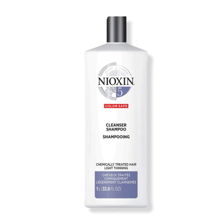 Nioxin System 5 Cleanser Shampoo for chemically treated, light thinning hair, detoxifies and removes buildup and pollutants. 1L bottle.