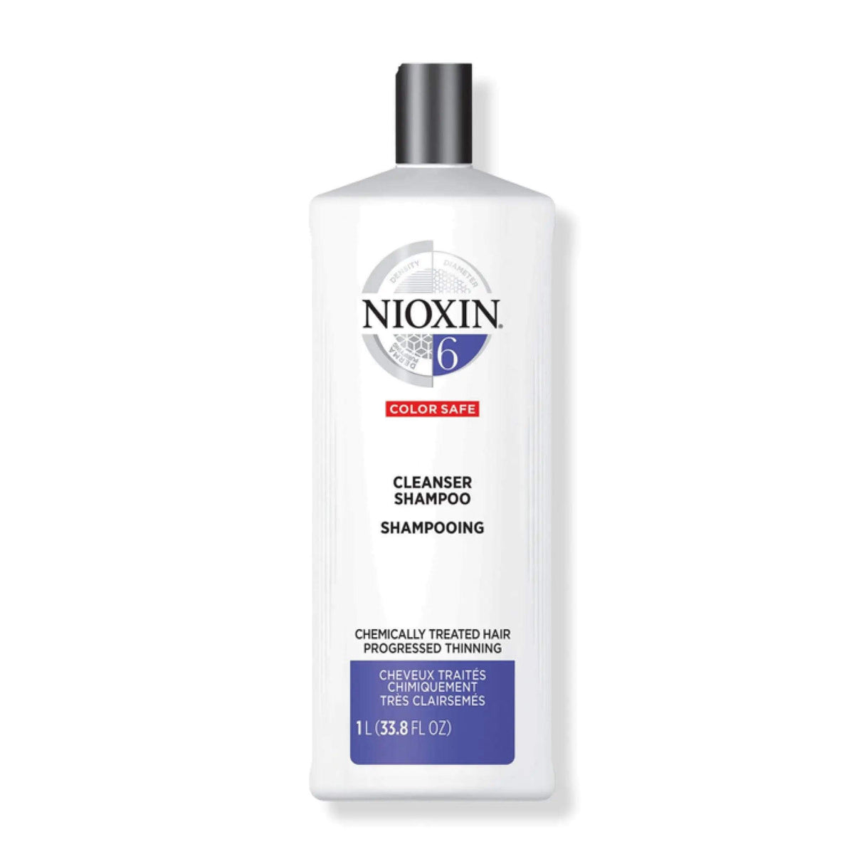 Nioxin System 6 Cleanser Shampoo for chemically treated hair, removes buildup, treats advanced thinning, 33.8 fl oz bottle.