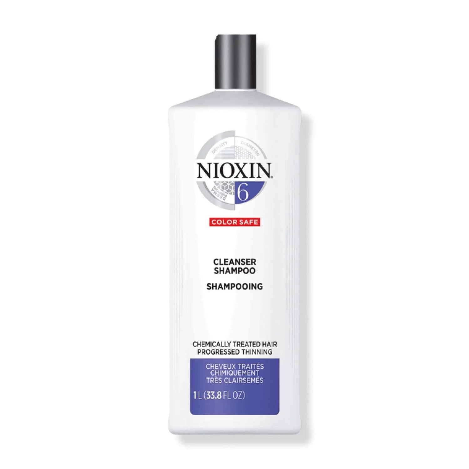 Nioxin System 6 Cleanser Shampoo for chemically treated hair, removes buildup, treats advanced thinning, 33.8 fl oz bottle.