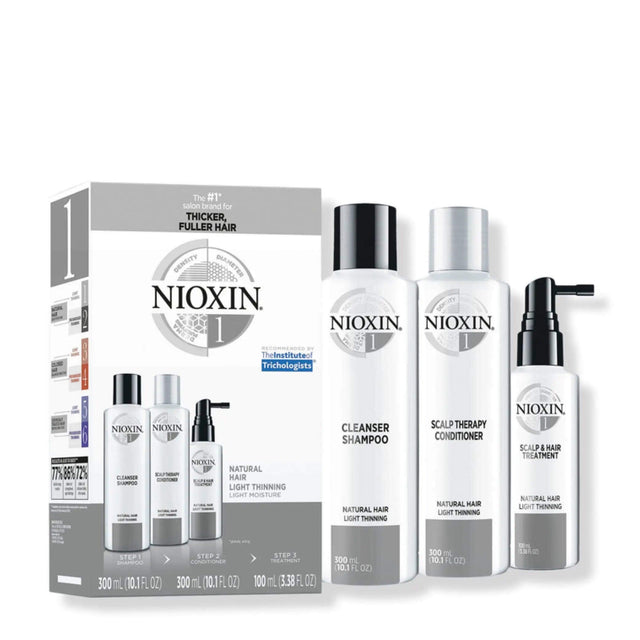Nioxin Hair Care System Kit 1 for fine natural hair, includes shampoo, conditioner, and treatment to enhance thickness and fullness.