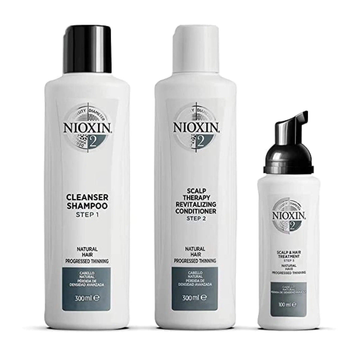 Nioxin Hair Care System 2 Kit for natural hair experiencing thinning, includes shampoo, conditioner, and treatment for thicker hair.