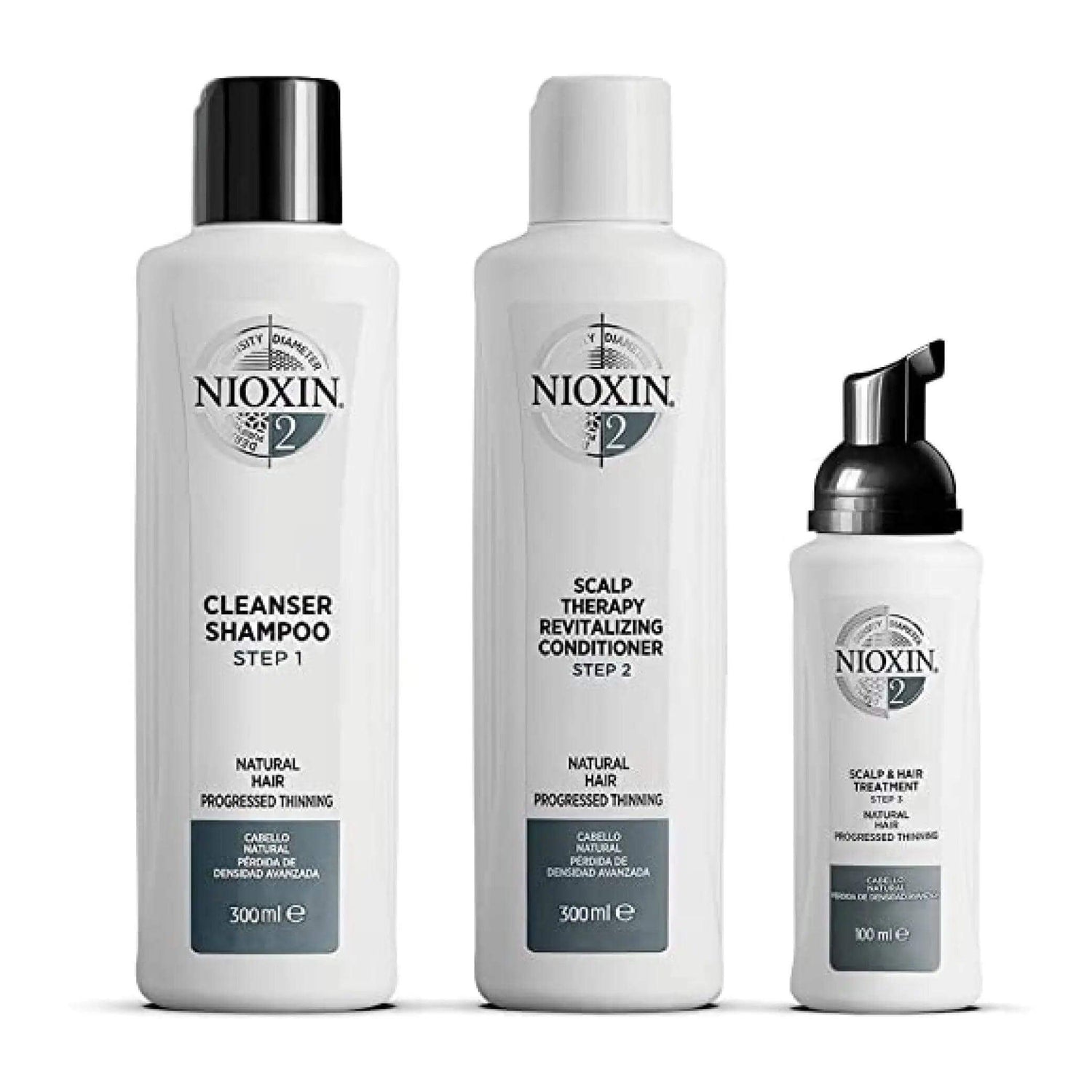 Nioxin Hair Care System 2 Kit for natural hair experiencing thinning, includes shampoo, conditioner, and treatment for thicker hair.