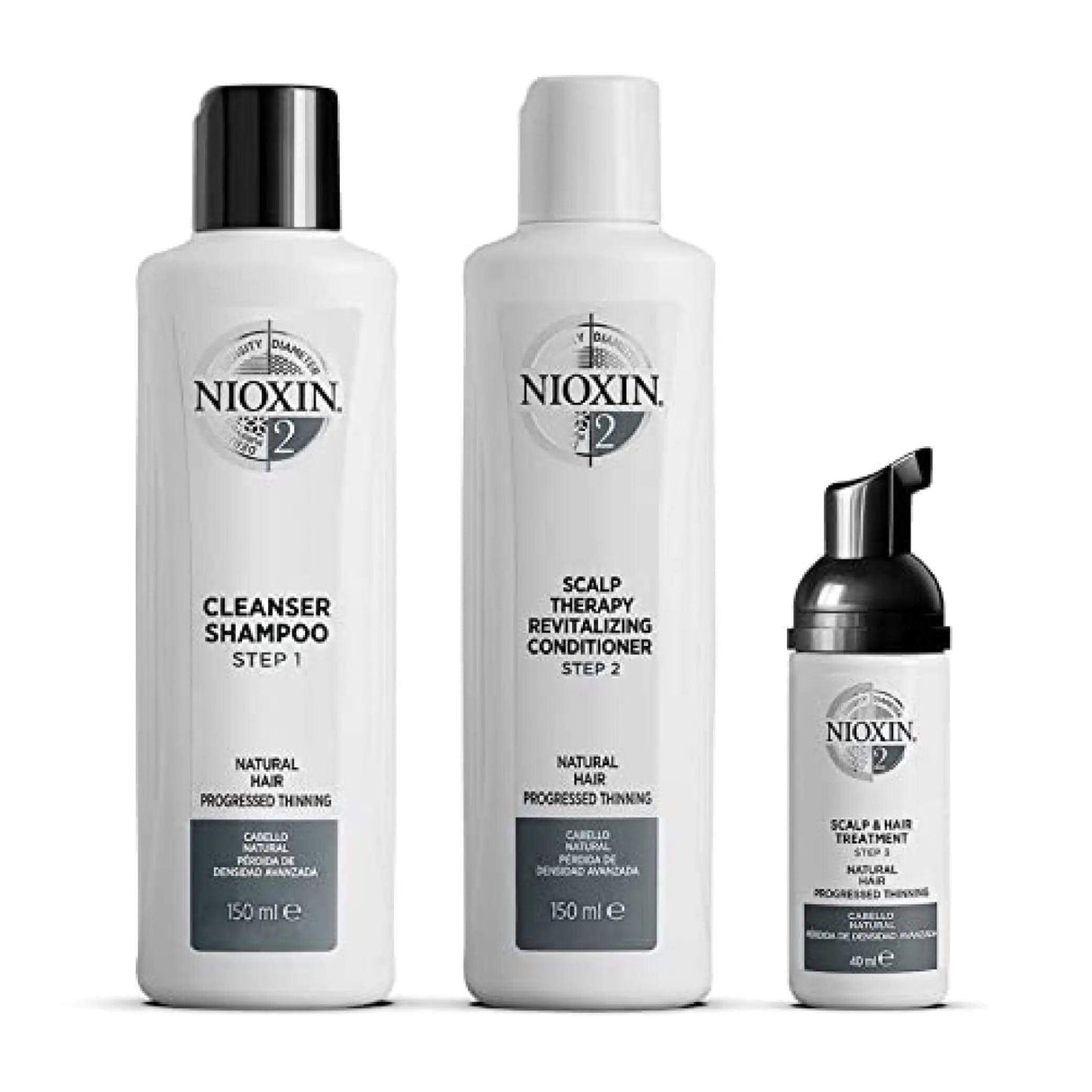 Nioxin Hair Care System 2 Kit for natural hair thinning, includes cleanser shampoo, scalp therapy conditioner, and scalp treatment.