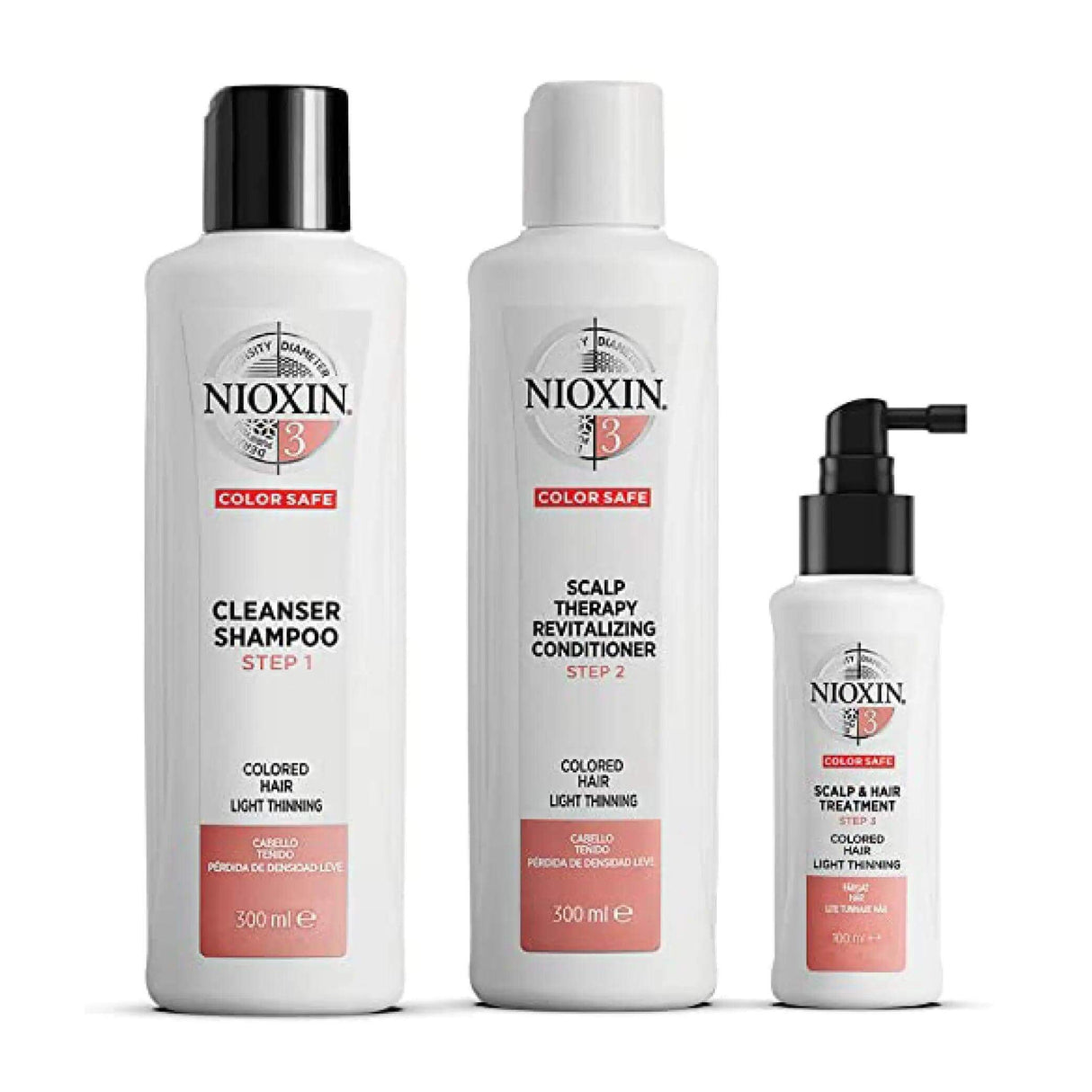 Nioxin Hair Care System 3 Kit for color-treated hair with light thinning, includes shampoo, conditioner, and scalp treatment.