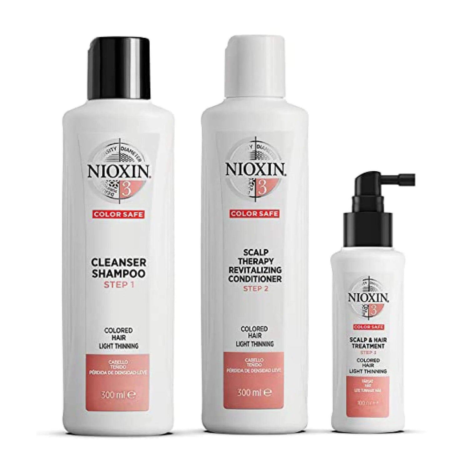 Nioxin Hair Care System 3 Kit for color-treated hair with light thinning, includes shampoo, conditioner, and scalp treatment.