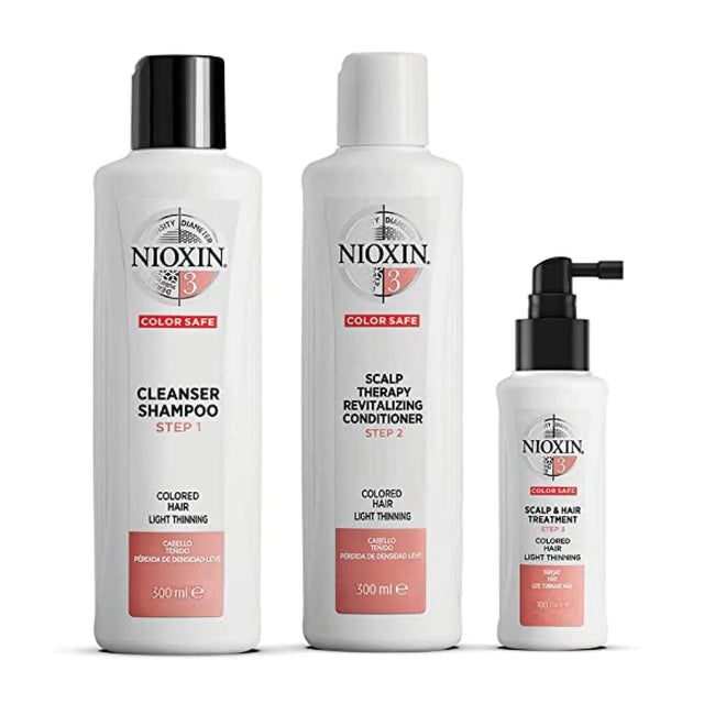 Nioxin Hair Care System 3 Kit for color-treated hair with light thinning, includes shampoo, conditioner, and scalp treatment.