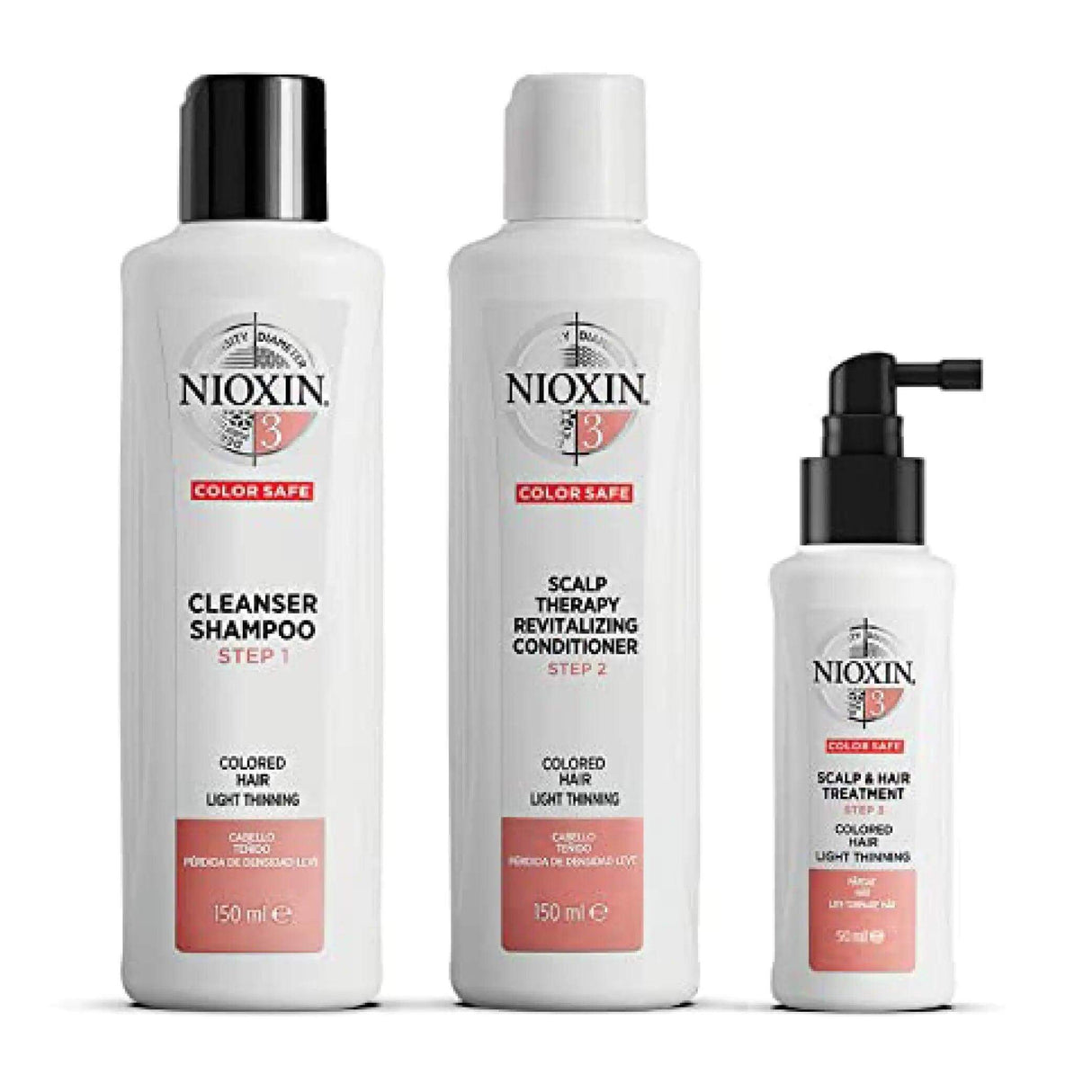 Nioxin System Kit 3 for color-treated hair, featuring shampoo, conditioner, and treatment for light thinning and hair thickening.